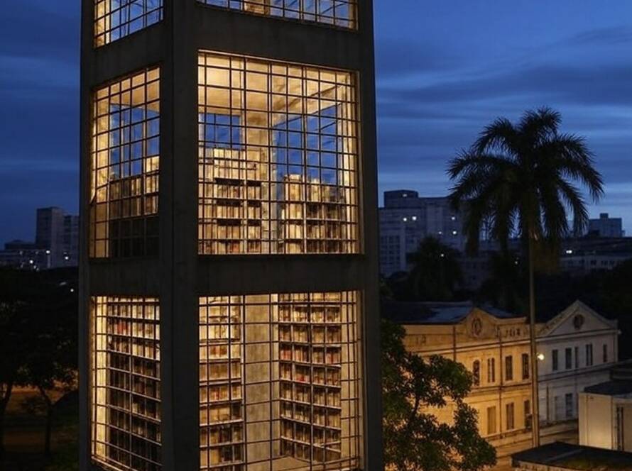 Torre de prisão transformada em livraria 24 horas em ambiente urbano brasileiro, com estantes de livros e arquitetura envelhecida.