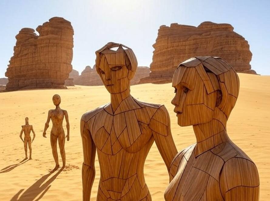 Esculturas sustentáveis instaladas no deserto de AlUla, Arábia Saudita, com dunas e rochas ao fundo.