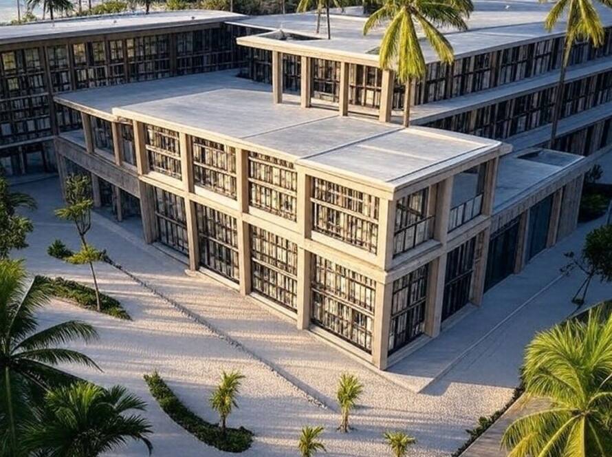 Biblioteca Lei Wa Lakom recém-construída em Zanzibar, com arquitetura moderna em ambiente tropical.