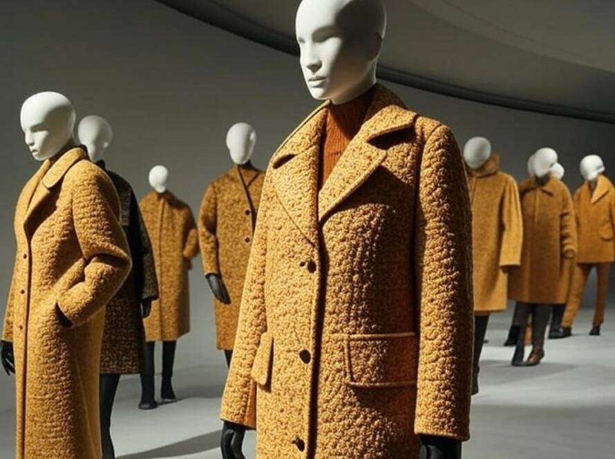 Passarela vazia com manequins de moda outono-inverno 2026 da Louis Vuitton inspirada na casa DROPHAUS, em salão moderno em São Paulo.