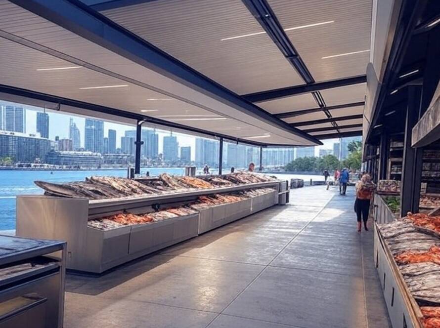 Estrutura moderna do novo Sydney Fish Market à beira-mar, com peixes frescos expostos, representando infraestrutura australiana ambiciosa.