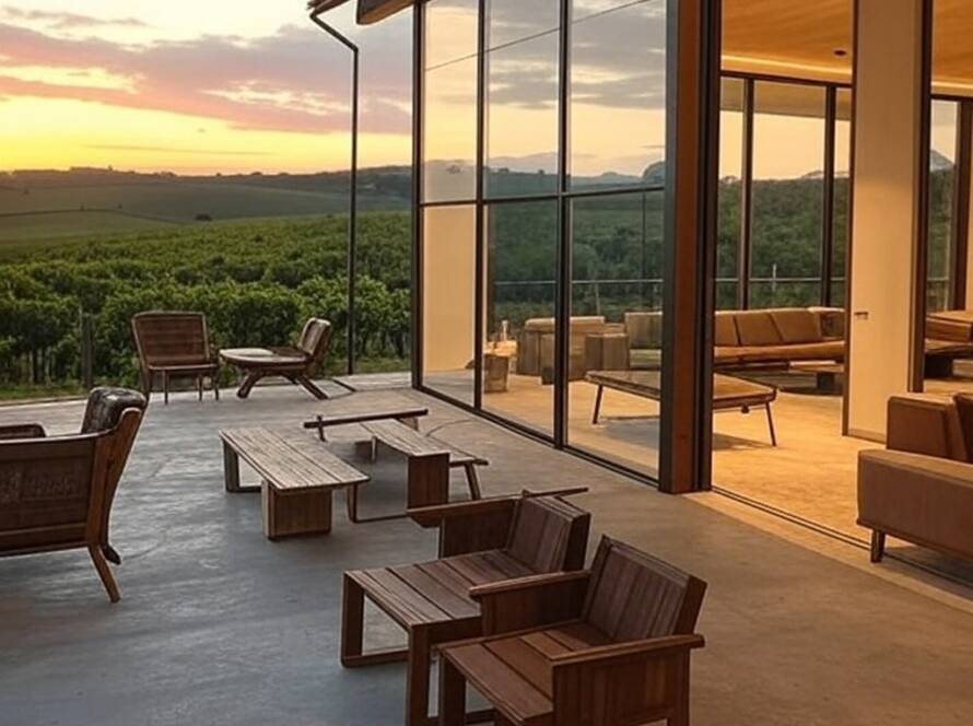 Casa colonial brasileira transformada em retiro familiar contemporâneo em paisagem rural de São Paulo, com arquitetura mista tradicional e moderna.