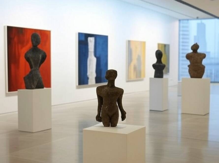 Galeria de arte em São Paulo exibindo obras para leilão em apoio a médicos em Gaza, com esculturas e pinturas contemporâneas.