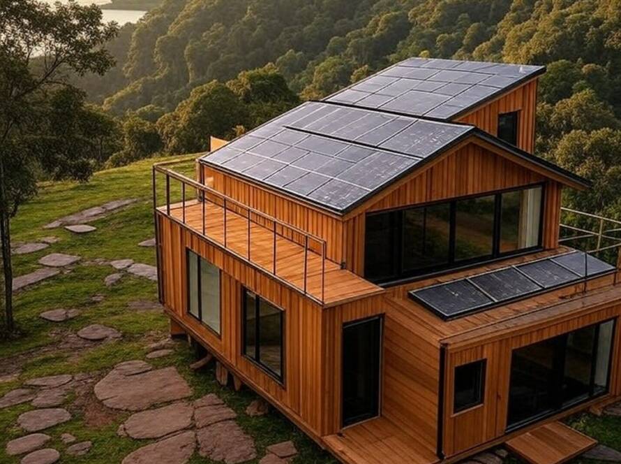 Casa off-grid sustentável em vale montanhoso no Brasil, com vistas panorâmicas de florestas e lagos.