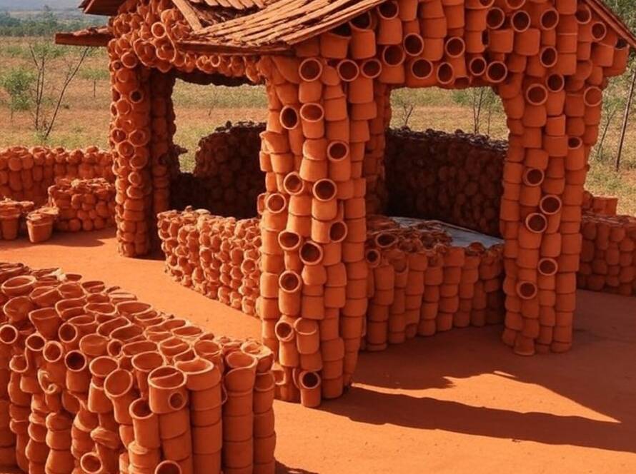 Pavilhão sustentável feito com xícaras de terracota em Goa, destacando arquitetura ecológica no Brasil.