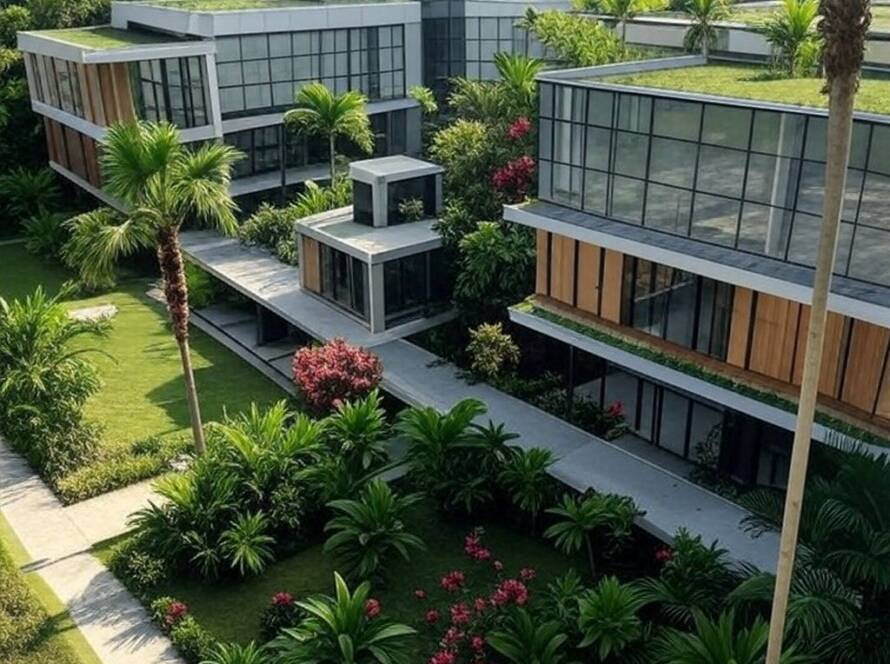 Escola brasileira com paisagem de aprendizado tridimensional inovadora, integrando estruturas 3D e jardim tropical.