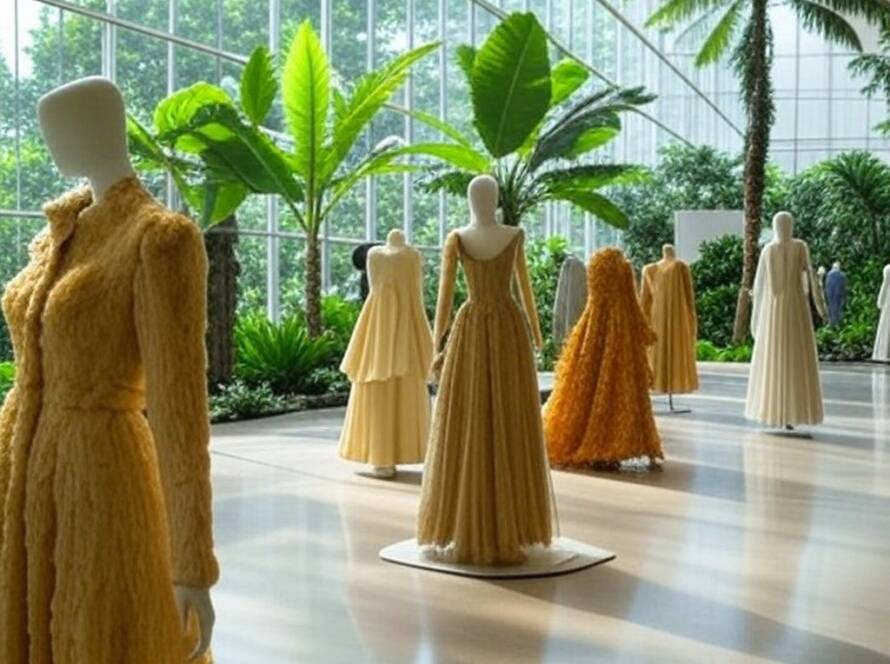 Exposição de moda com vestidos esculturais em museu moderno no Brasil, representando estilo de Iris van Herpen.