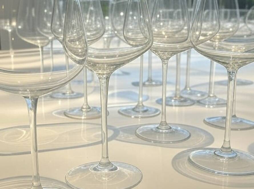 Taças exclusivas expostas em feira de design no Brasil, estilo fotojornalístico.