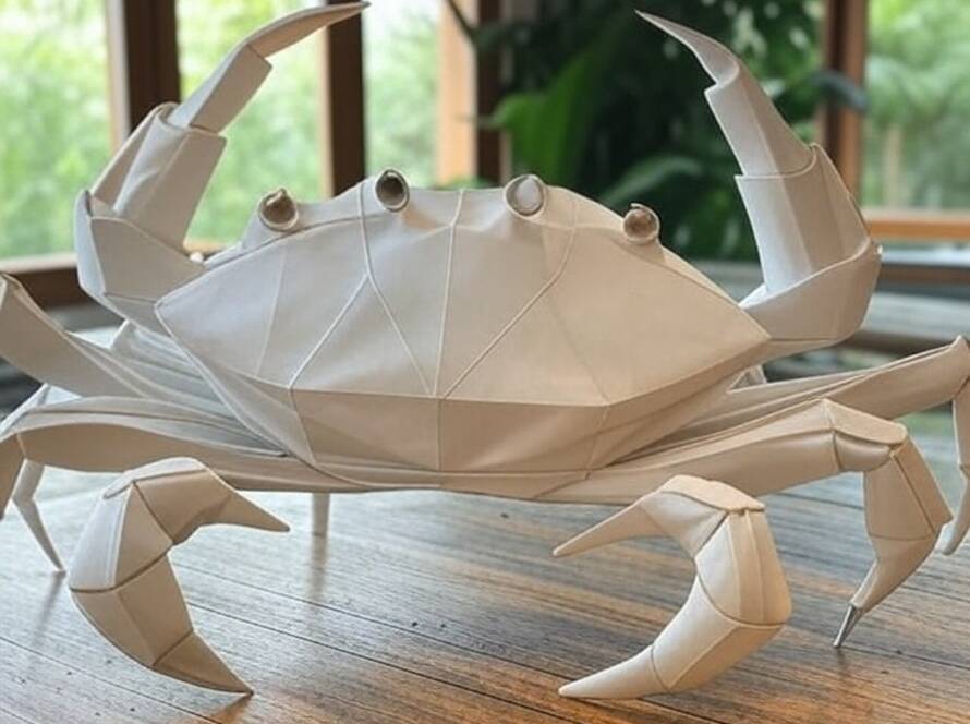 Lâmpada Oogani em forma de caranguejo origami lançada pelo Estúdio Metal Goat, em ambiente de design brasileiro.