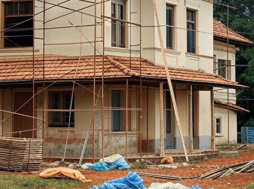 Casa em renovação em Brasília misturando estilos regionais brasileiros, com andaimes e materiais de construção.