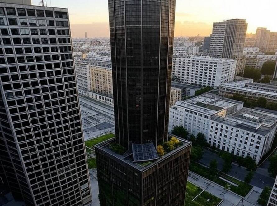 Vista da Torre Montparnasse em Paris como distrito sustentável com elementos ecológicos.