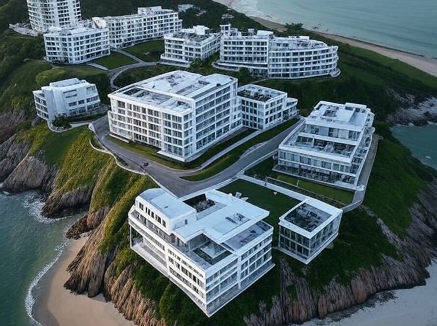 Cidadela contemporânea na costa sul do Brasil, com arquitetura moderna e vista para o mar.