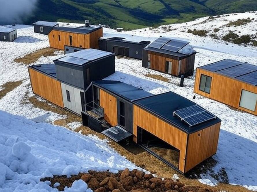 Cabanas sustentáveis em montanha alta na Serra da Mantiqueira, Brasil, a 3 mil metros, com painéis solares e vista panorâmica.