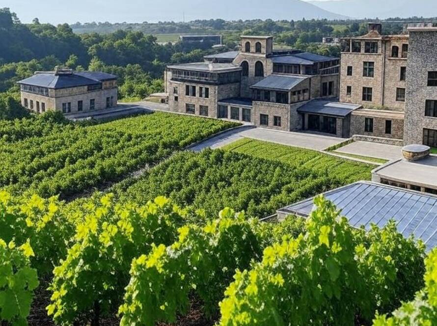 Vinícola no Vale Alazani unindo tradição georgiana e design moderno, com vinhedos e arquitetura mista.