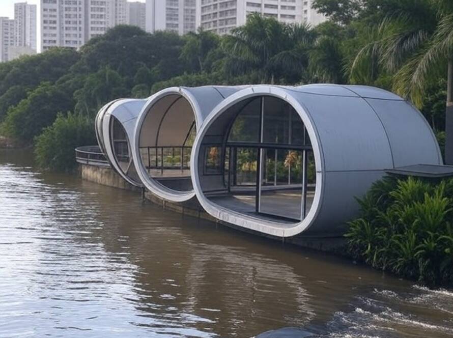 Pavilhão modular inspirado em rios urbanos à margem de rio em cidade brasileira, estilo fotojornalístico.