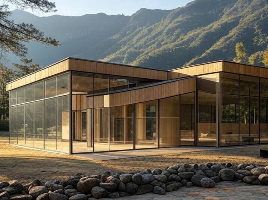 Pavilhão de bem-estar Lacum Respira concluído em ambiente montanhoso brasileiro, com arquitetura moderna e natureza ao redor.