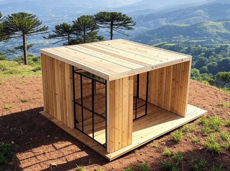 Abrigo sustentável GLØDE feito de materiais reciclados em paisagem montanhosa do sul do Brasil.