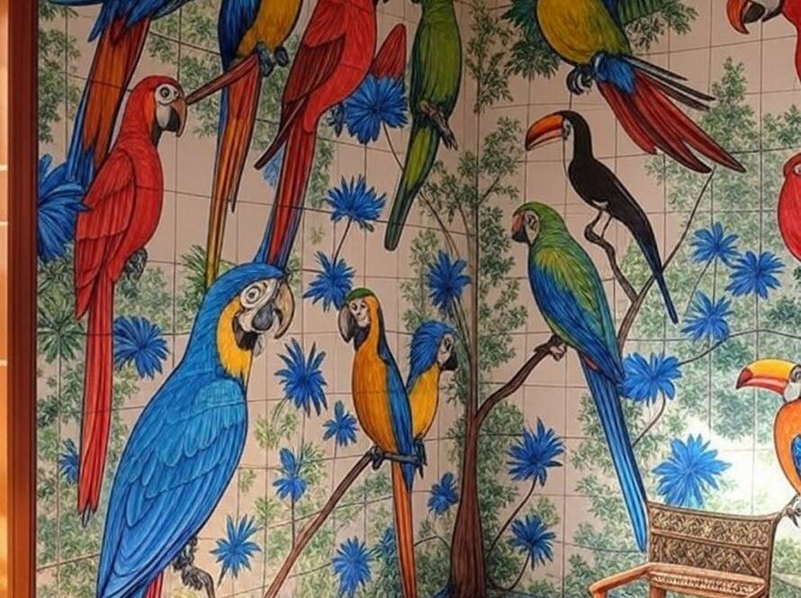 Parede de casa brasileira com azulejos inspirados em pássaros majestosos como araras e tucanos.
