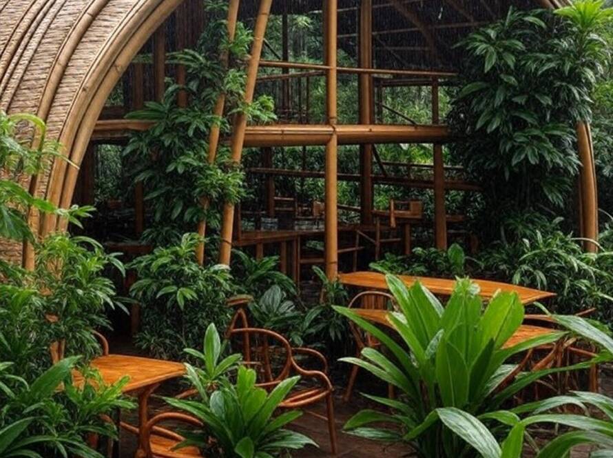 Restaurante sustentável com teto de bambu coletando água da chuva em área tropical no Brasil.