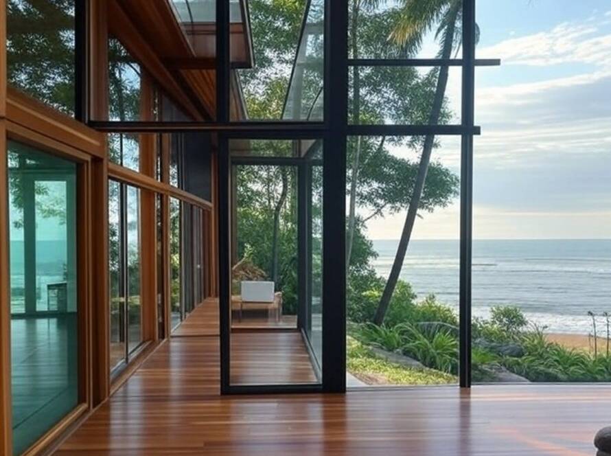 Residência moderna com design inovador de plano aberto no litoral brasileiro, arquitetura contemporânea e vistas amplas.
