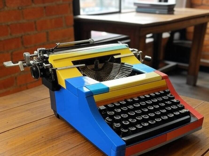 Máquina de escrever funcional feita com peças Lego sobre mesa em ambiente brasileiro.