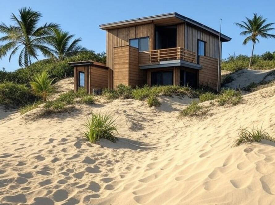 Residência sustentável fundida às dunas em praia do Nordeste brasileiro, projeto ecológico.