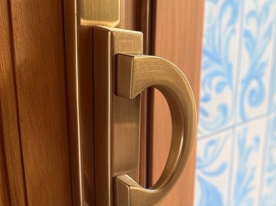 Maçaneta Edge da Il Bronzetto inspirada em quadras de tênis, instalada em porta de casa brasileira.