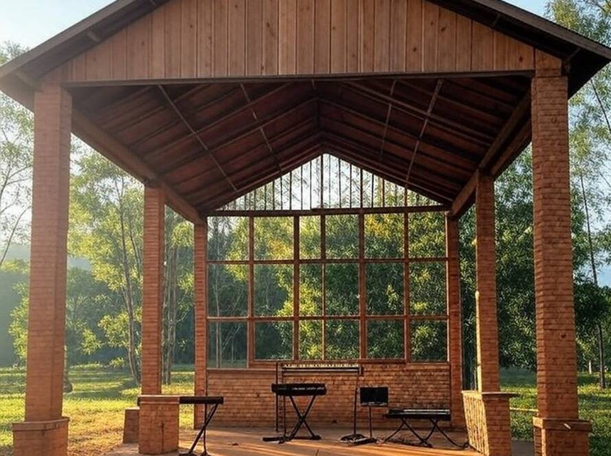 Igreja menonita histórica no sul do Brasil transformada em hub musical para jovens, com instrumentos e estrutura adaptada.