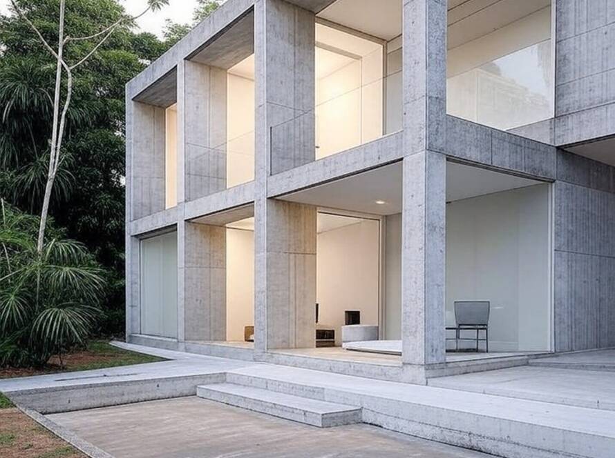 Casa brutalista renovada com espaços fluidos e minimalistas em São Paulo, Brasil.