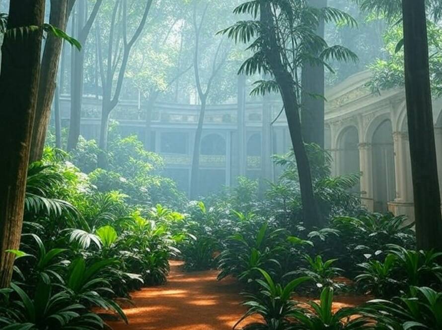 Interior de salão histórico brasileiro transformado em floresta onírica para desfile de alta-costura, com árvores e névoa.