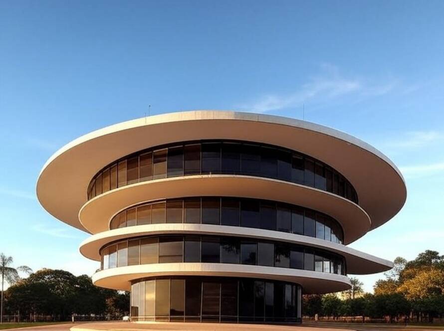 Edifício arquitetônico moderno em Brasília representando excelência em arquitetura e premiação como a Medalha Real de Ouro da RIBA.