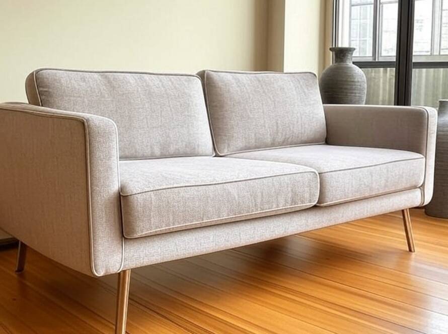 Sofá moderno com estilo retrô em sala de estar contemporânea brasileira, unindo conforto e design.