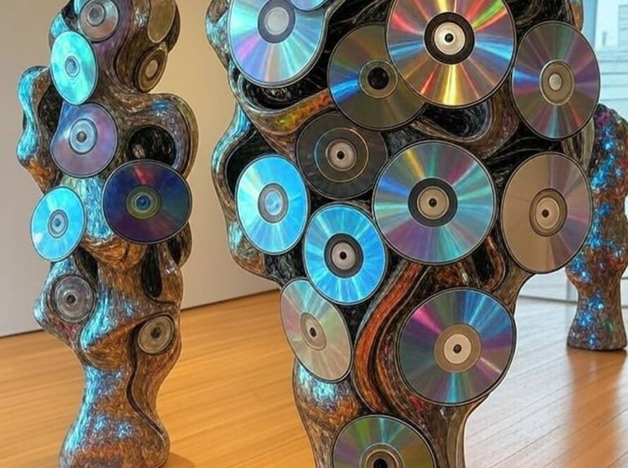 Esculturas de CDs reciclados em galeria de arte contemporânea em São Paulo, representando a exposição Stratagems de Tara Donovan.