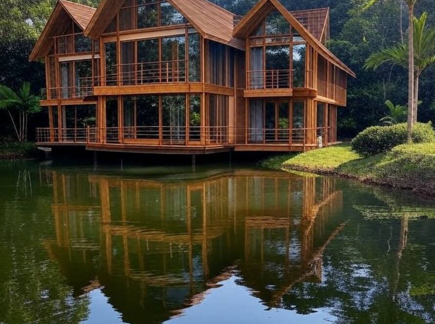 Casa moderna à beira de lago no Brasil, com design ousado reinventando lake house clássica.
