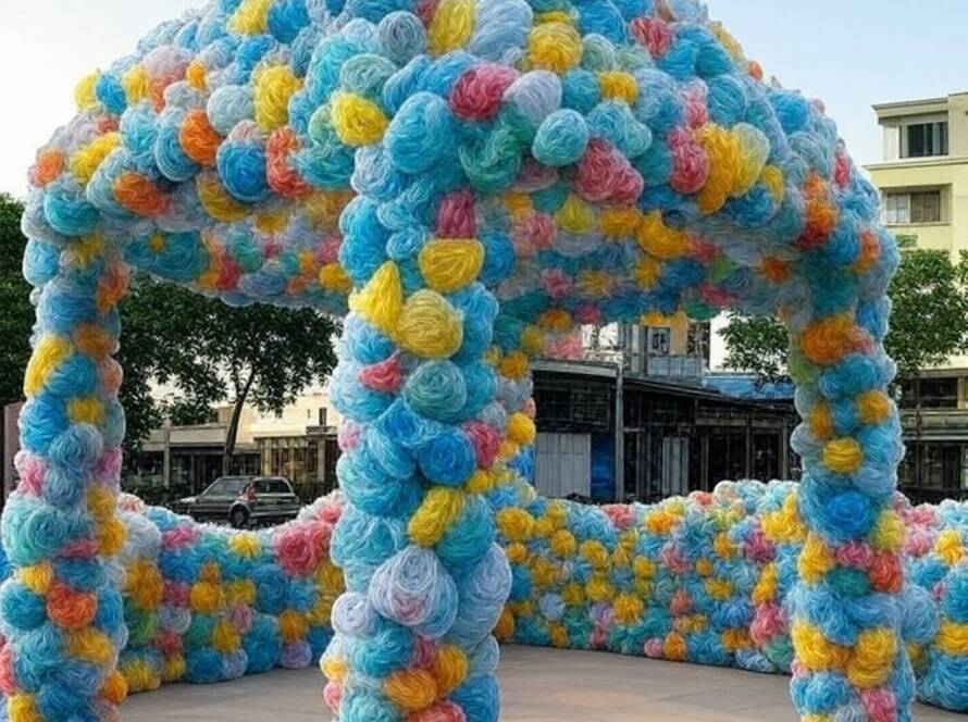 Pavilhão T10A feito com 40 mil sacolas plásticas recicladas em Hanoi pelo estúdio ODDО architects.