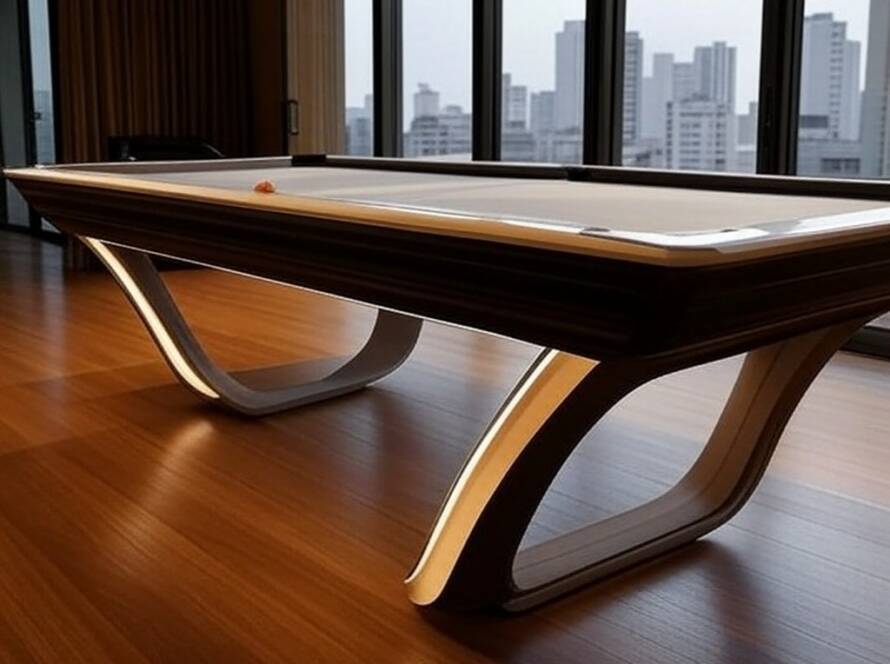 Mesa de sinuca Off Piste da Hermès em salão luxuoso brasileiro, vencedora de prêmio de design.