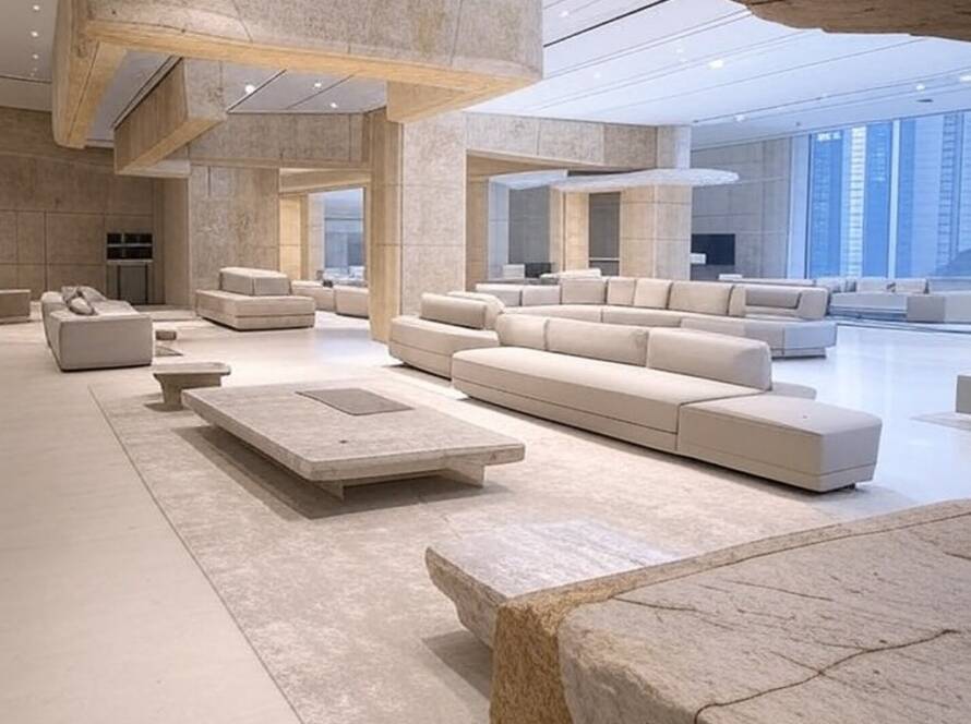 Showroom imersivo Dreamer Stone House em Shenzhen, com design moderno e elementos de pedra.