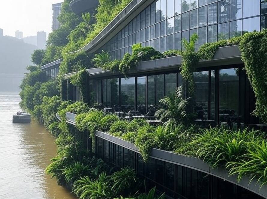 Café LuxeRivers com arquitetura inovadora e natureza ao longo do rio Yangtze em Chongqing.
