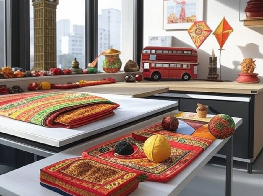 Estúdio de design em São Paulo mesclando elementos indianos e londrinos com brinquedos de infância sem celular.