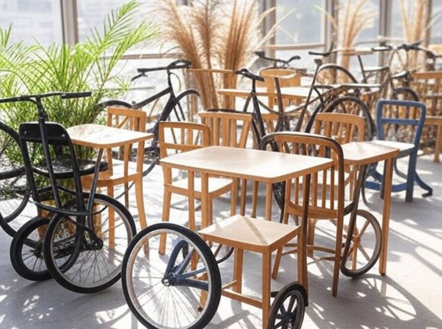 Móveis sustentáveis feitos de bicicletas abandonadas em oficina brasileira, destacando reciclagem e design ecológico.