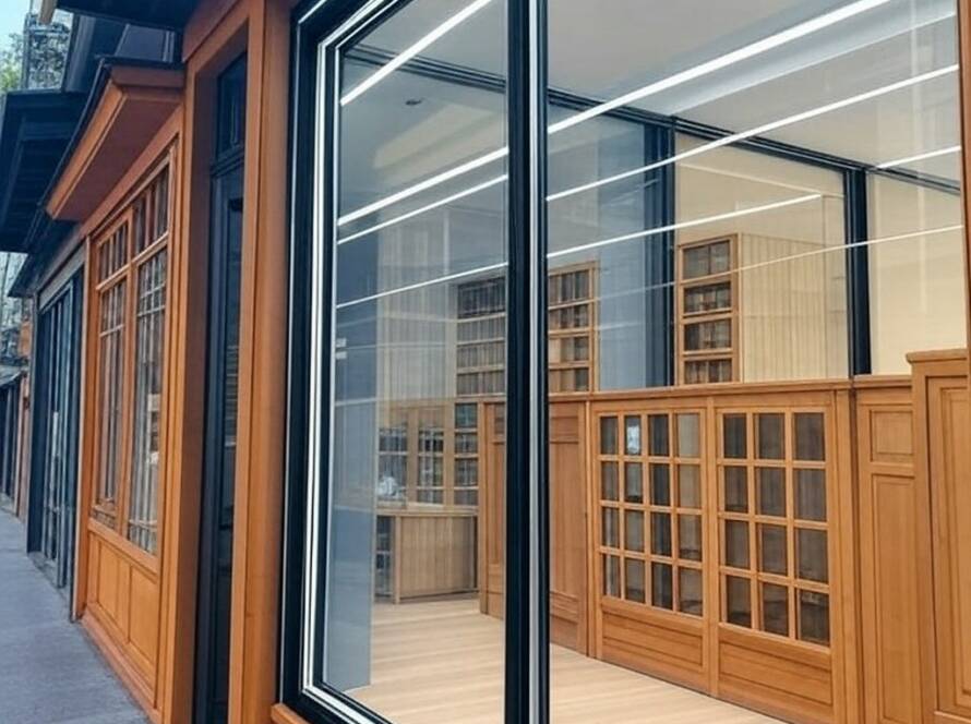 Fachada de loja em São Paulo unindo arquitetura do passado e futuro, em estilo fotojornalístico.