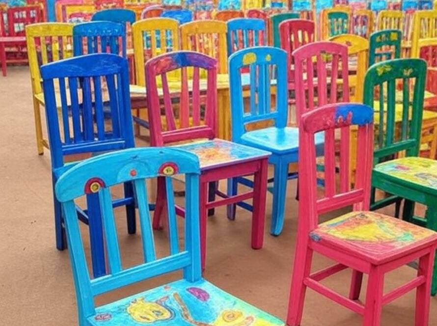 Cadeiras artesanais feitas a partir de desenhos de crianças em oficina no Camboja.