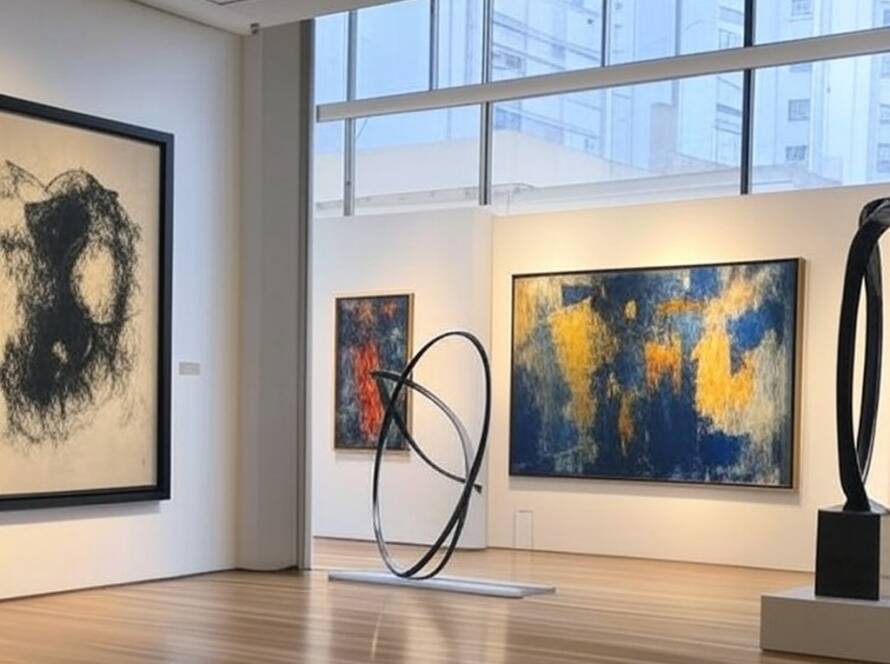 Galeria de arte em São Paulo exibindo exposições imperdíveis de janeiro de 2026, em estilo contemporâneo brasileiro.