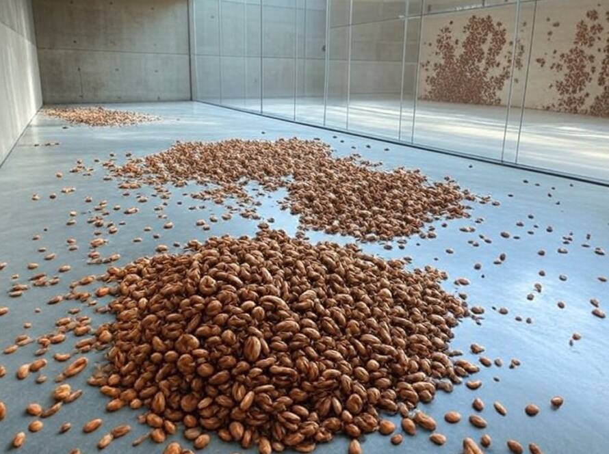 Exposição de arte Seeds of Hate and Hope em galeria brasileira, com sementes simbólicas confrontando traumas e memórias.