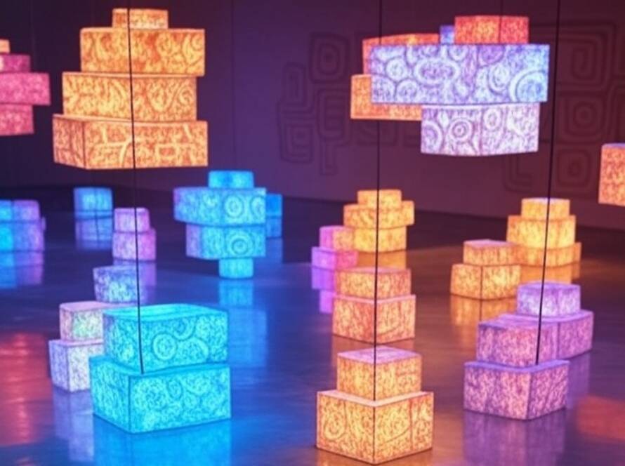 Instalação artística imersiva em espaço cultural brasileiro, com luzes e estruturas interativas moldando o ambiente de 2025.