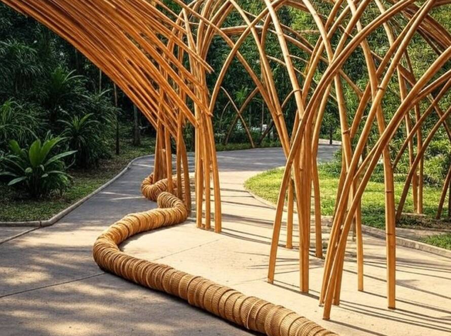 Rua sustentável com bambu e impressão 3D em campus universitário no Brasil.