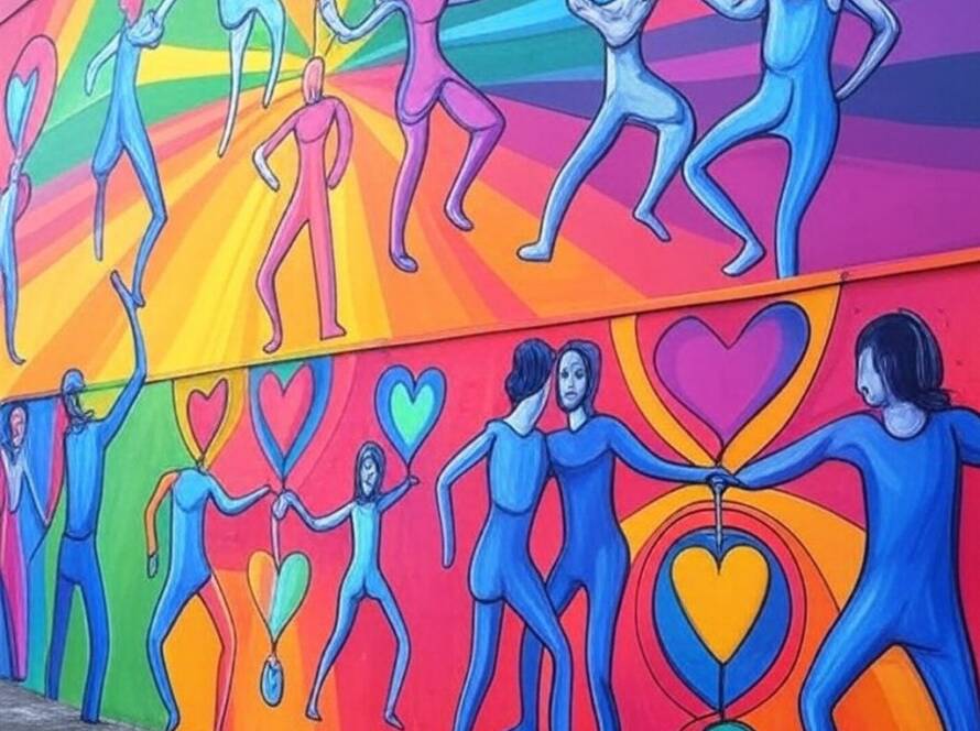 Mural de rua em São Paulo inspirado no legado ousado de Keith Haring, com figuras pop art coloridas e símbolos ativistas.