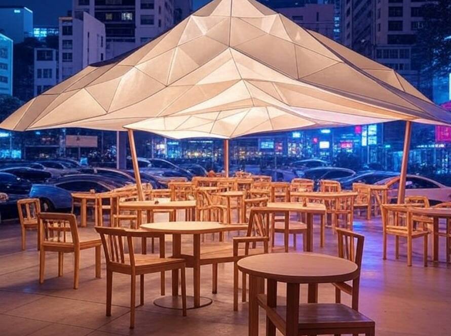 Telhado inspirado em origami transforma restaurante em marco urbano de Ho Chi Minh City.