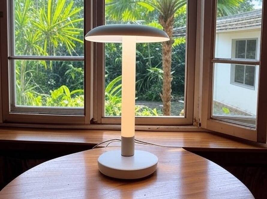 Lâmpada ILO híbrida portátil do Arieto Studio em ambiente interno brasileiro, revolucionando iluminação interna e externa.