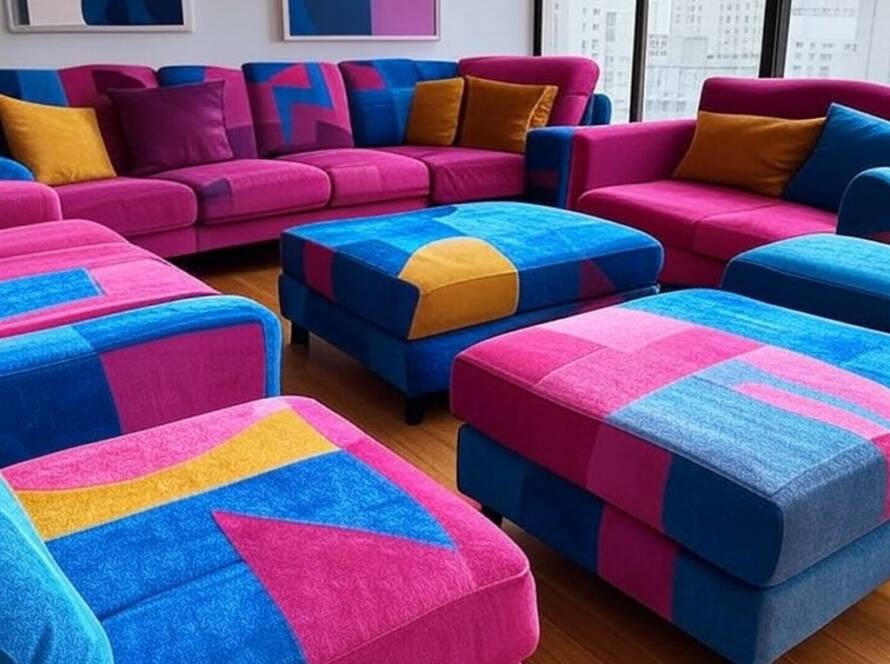 Sala de estar com móveis de design Memphis, padrões geométricos coloridos e formas ousadas, em ambiente brasileiro moderno.